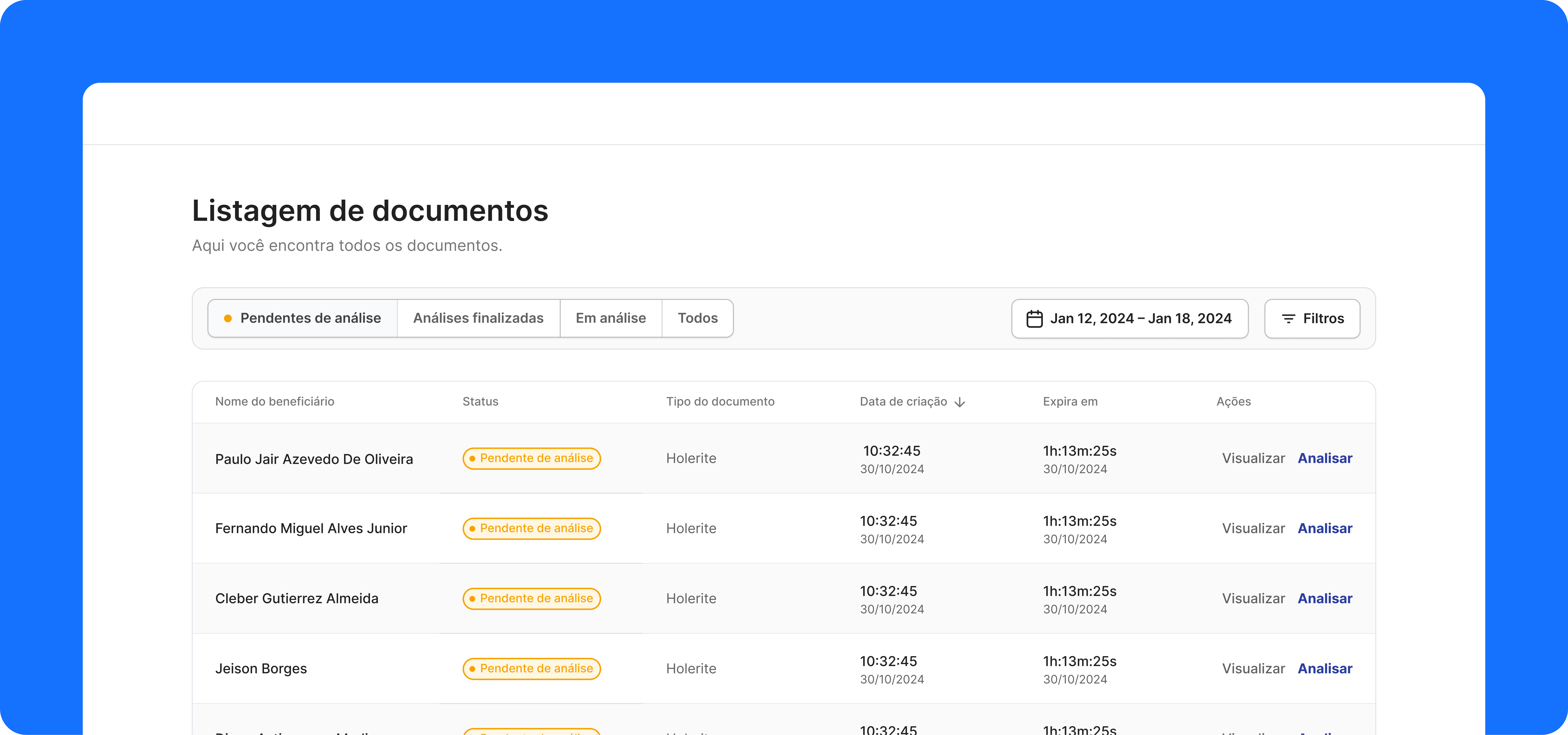 Tela principal do portal de análise de documentos por AI.