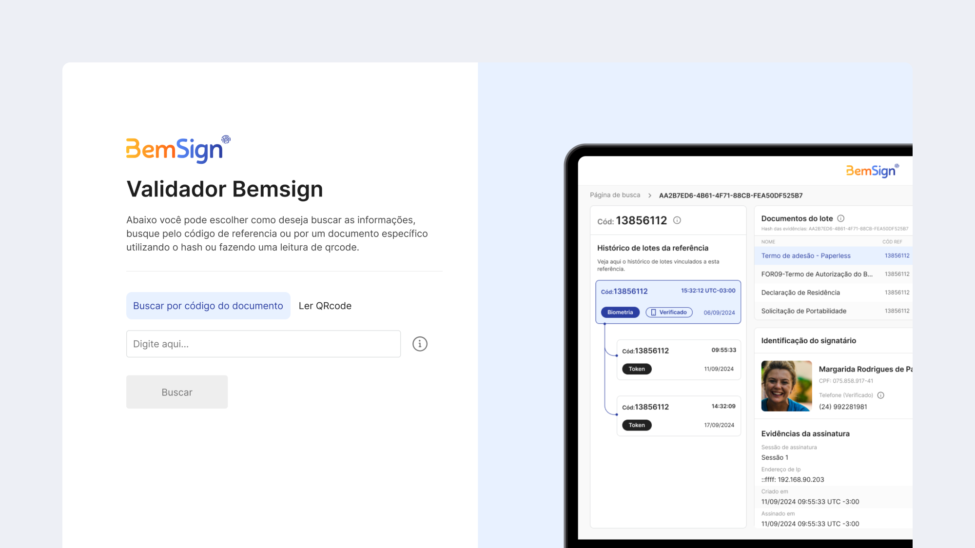 Tela principal do Portal Validador BemSign.