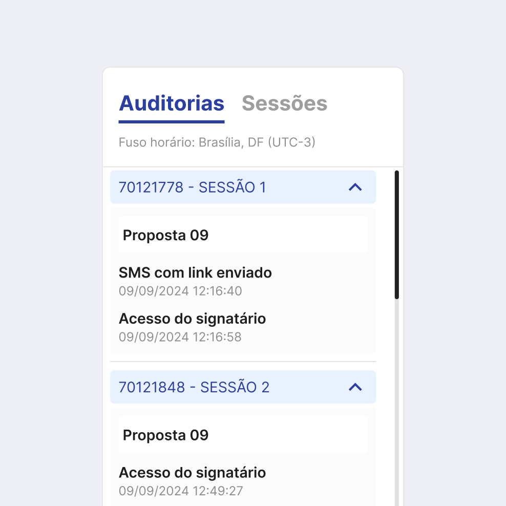 Tela de auditorias e sessões do portal.
