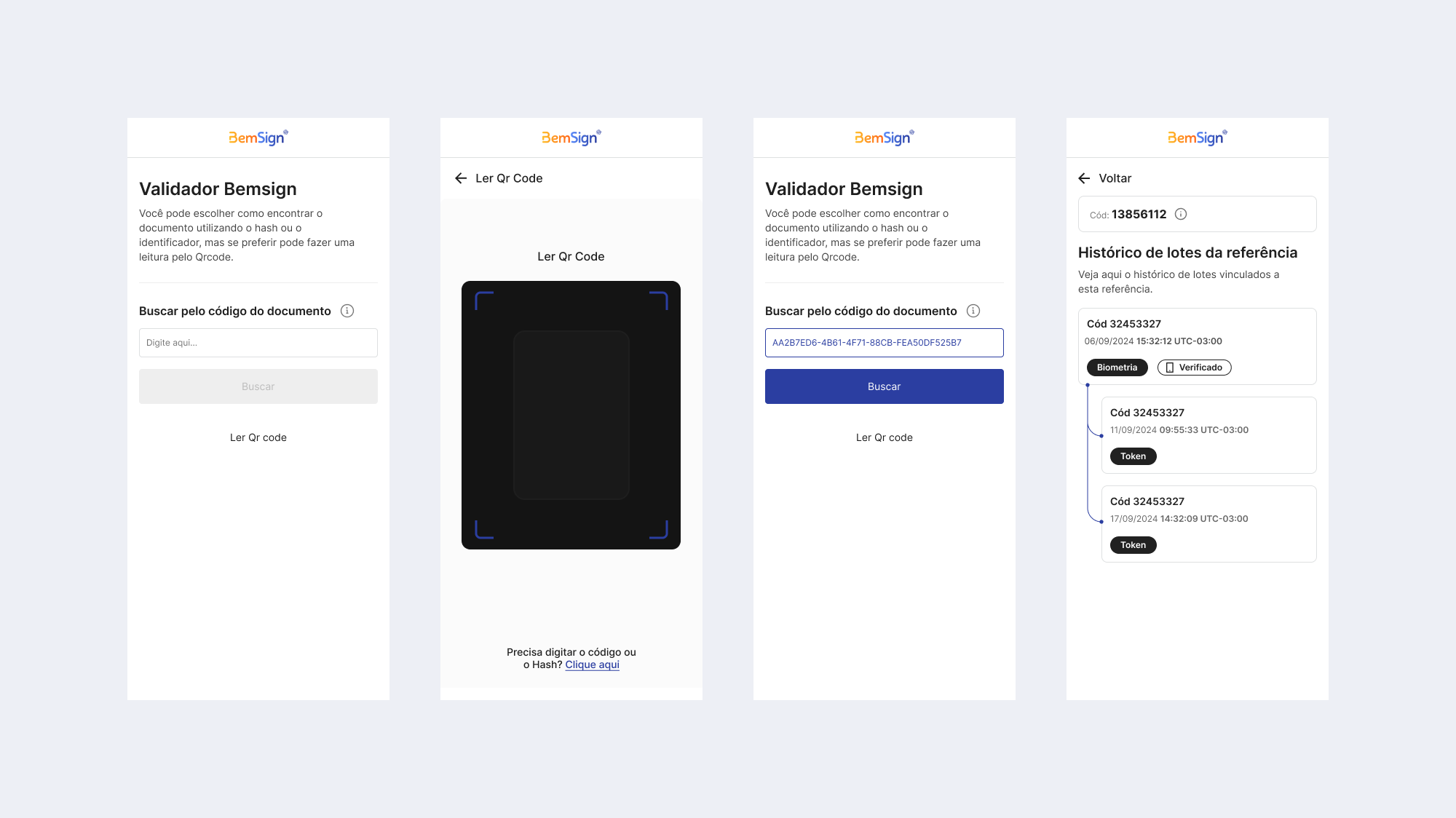 Fluxo mobile de busca por código e leitura por QR code.